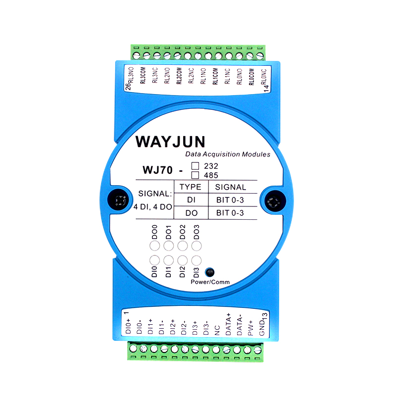 WJ70系列 四路DI四路繼電器輸出，RS-485/232數(shù)據(jù)采集遠(yuǎn)程IO模塊
